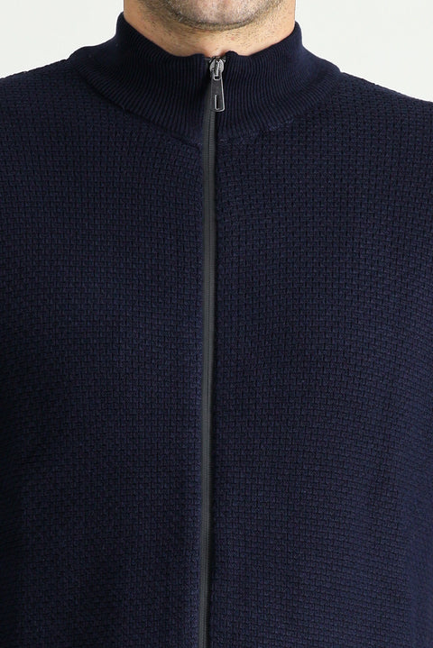 Dark Navy Blue Stand Collar Zip-Up Regular Fit Patterned Cotton Knit Cardigan