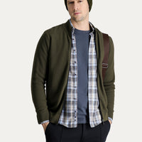 Medium Khaki Stand-Up Collar Zip-Up Regular Fit Patterned Cotton Knit Cardigan