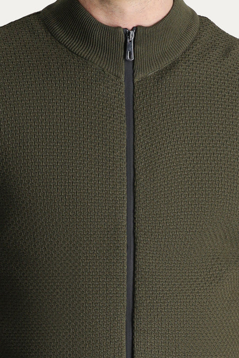 Medium Khaki Stand-Up Collar Zip-Up Regular Fit Patterned Cotton Knit Cardigan