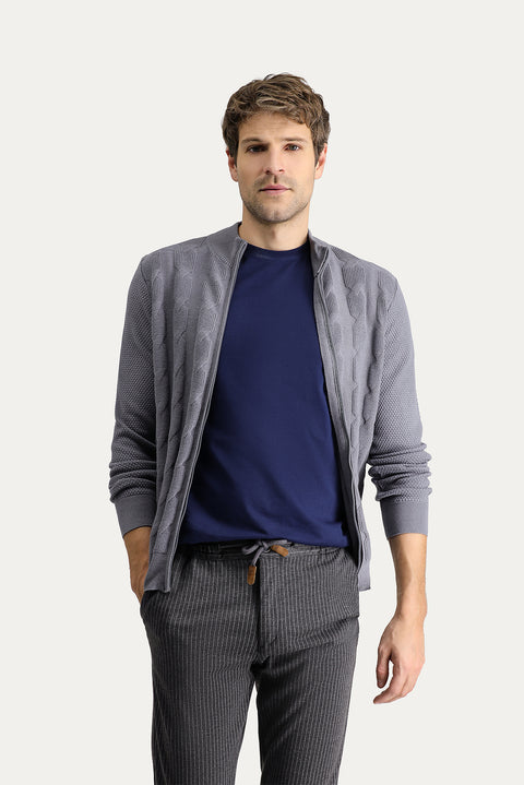 Medium Grey Melange Slim Fit Narrow Cut Wool Patterned Cotton Knit Cardigan