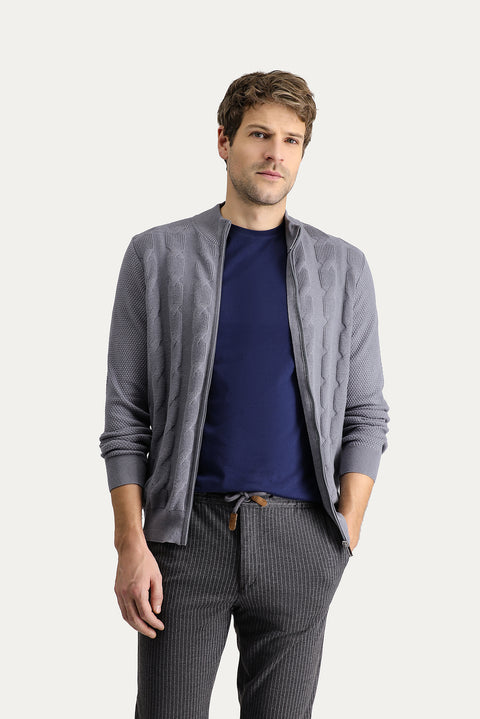 Medium Grey Melange Slim Fit Narrow Cut Wool Patterned Cotton Knit Cardigan