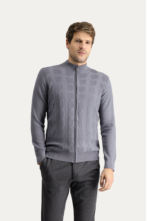 Medium Grey Melange Slim Fit Narrow Cut Wool Patterned Cotton Knit Cardigan