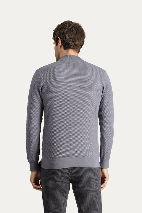 Medium Grey Melange Slim Fit Narrow Cut Wool Patterned Cotton Knit Cardigan