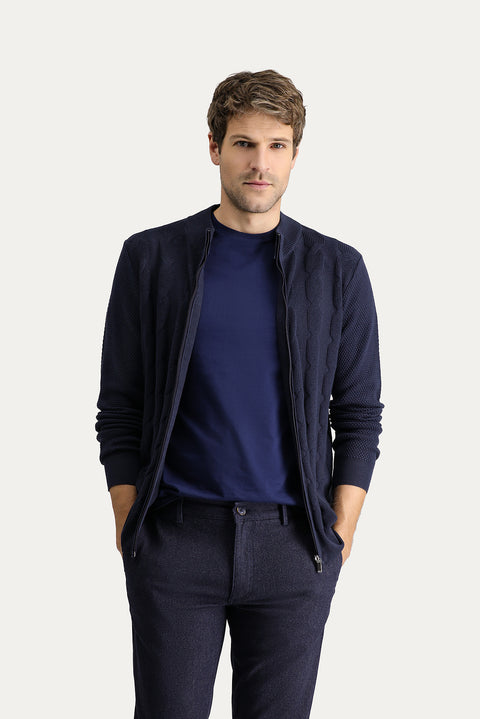 Koyu Lacivert Slim Fit Dar Kesim Yünlü Desenli Pamuklu Triko Hırka