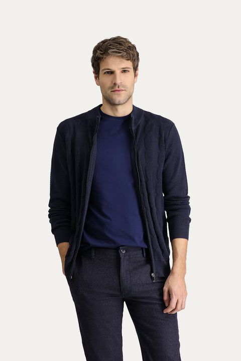 Koyu Lacivert Slim Fit Dar Kesim Yünlü Desenli Pamuklu Triko Hırka