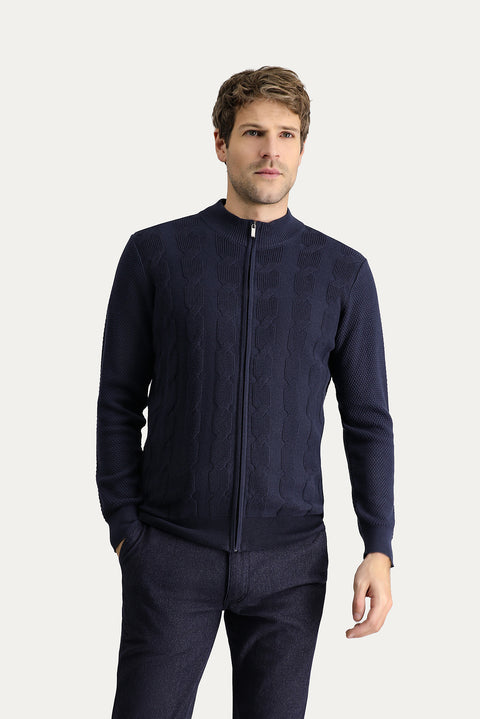 Koyu Lacivert Slim Fit Dar Kesim Yünlü Desenli Pamuklu Triko Hırka
