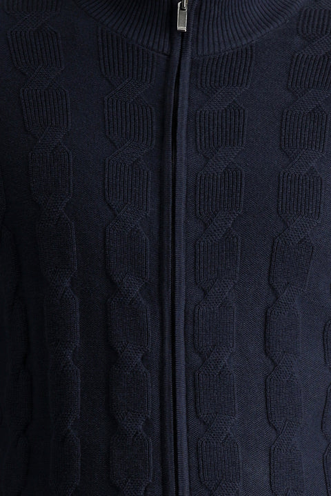 Koyu Lacivert Slim Fit Dar Kesim Yünlü Desenli Pamuklu Triko Hırka