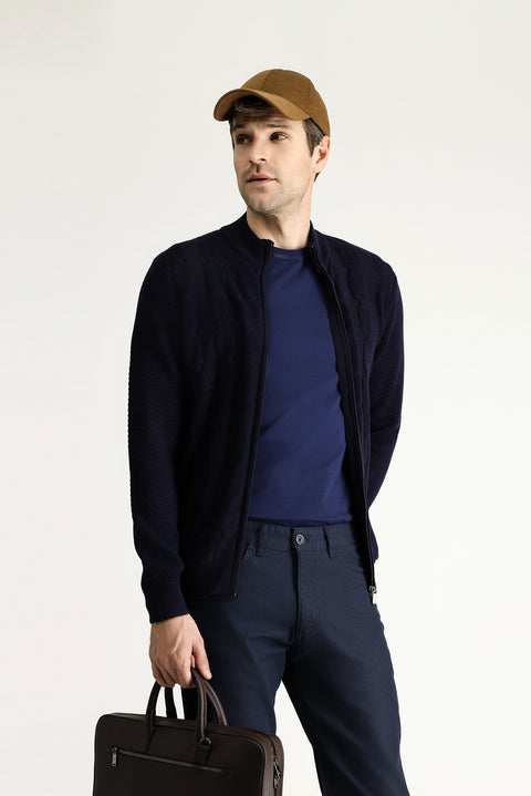 Dark Navy Zip-Up Wool Knit Cardigan