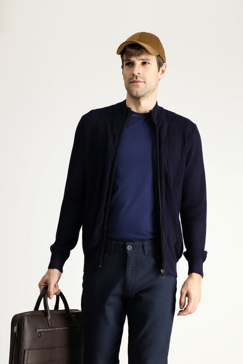 Dark Navy Zip-Up Wool Knit Cardigan
