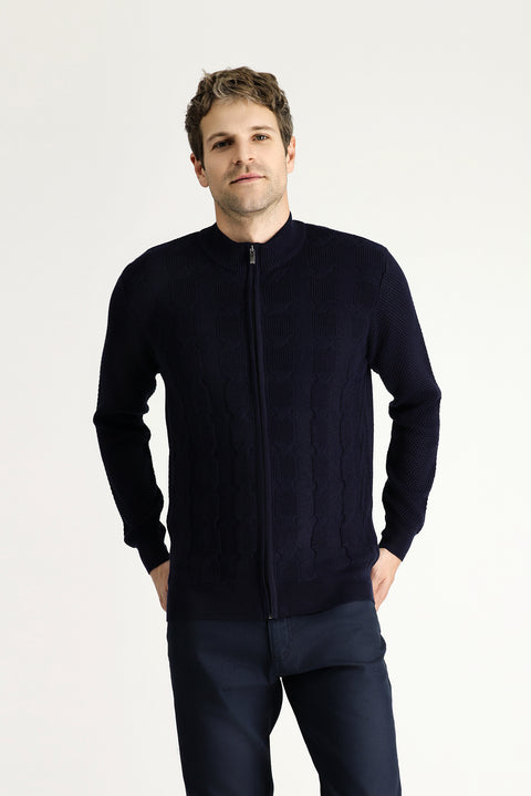 Dark Navy Zip-Up Wool Knit Cardigan