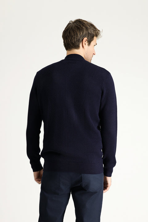 Dark Navy Zip-Up Wool Knit Cardigan