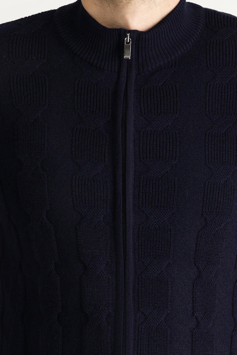 Dark Navy Zip-Up Wool Knit Cardigan