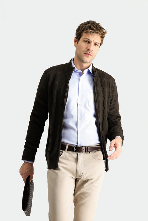 Medium Brown Zip-Up Wool Knit Cardigan