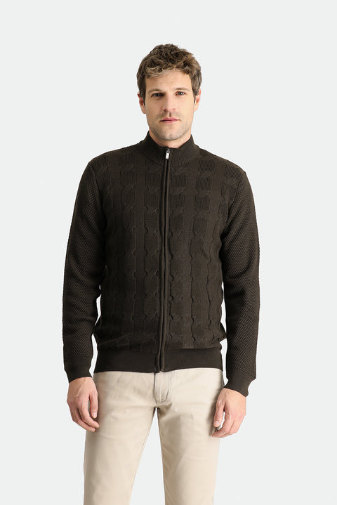 Medium Brown Zip-Up Wool Knit Cardigan