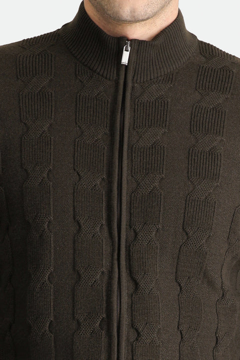 Medium Brown Zip-Up Wool Knit Cardigan