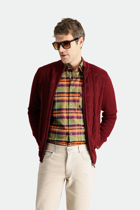Dark Red Zip-Up Wool Knit Cardigan