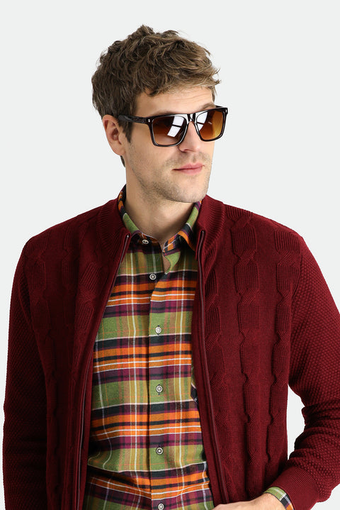 Dark Red Zip-Up Wool Knit Cardigan