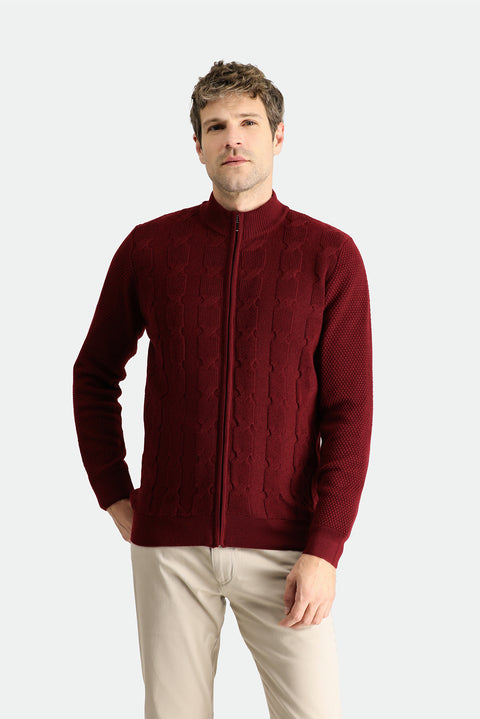 Dark Red Zip-Up Wool Knit Cardigan