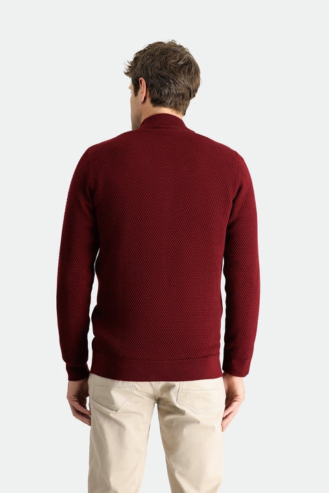 Dark Red Zip-Up Wool Knit Cardigan