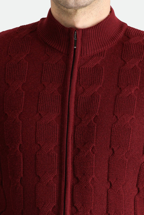 Dark Red Zip-Up Wool Knit Cardigan