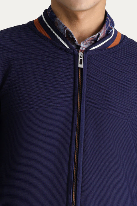 Dark Navy Slim Fit Narrow Cut Zip-Up Knit Cardigan