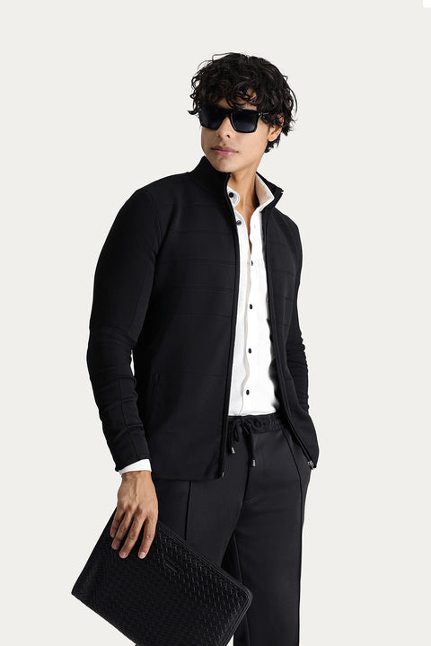 Black Slim Fit Narrow Cut Zip-Up Knit Cardigan