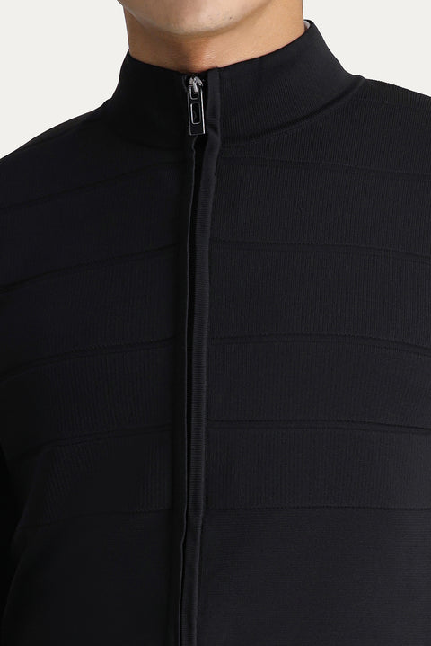 Black Slim Fit Narrow Cut Zip-Up Knit Cardigan