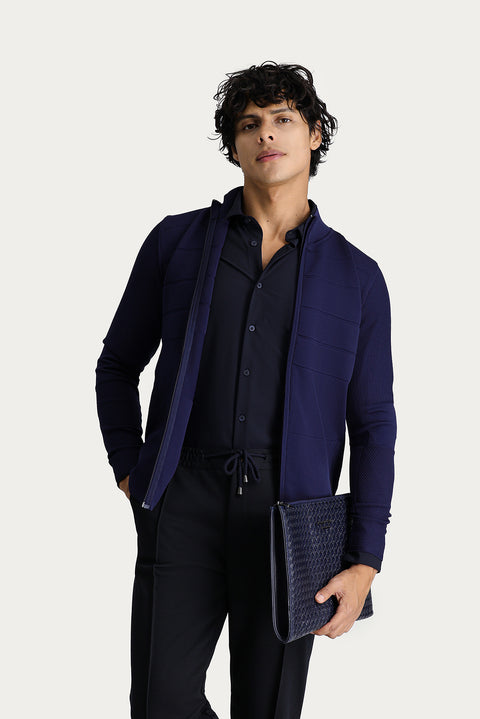 Dark Navy Slim Fit Narrow Cut Zip-Up Knit Cardigan
