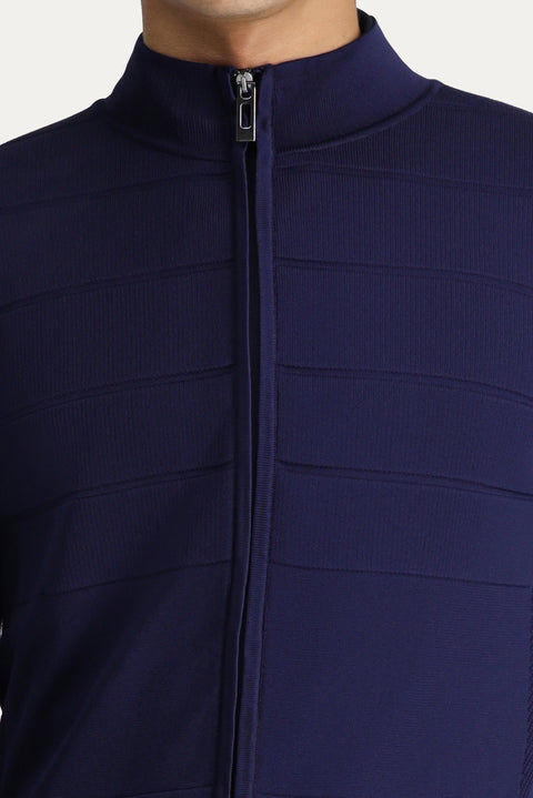 Dark Navy Slim Fit Narrow Cut Zip-Up Knit Cardigan
