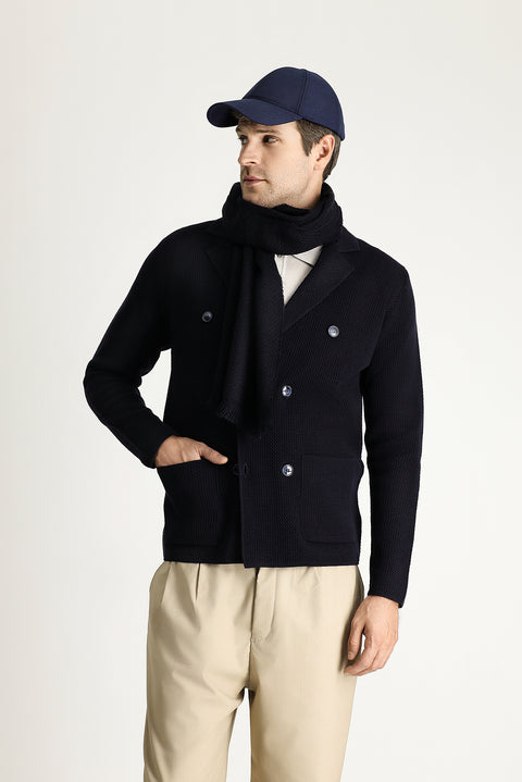 Dark Navy Slim Fit Narrow Cut Wrap Cotton Knit Cardigan