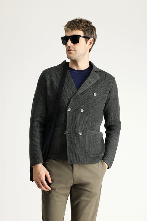 Dark Anthracite Melange Slim Fit Narrow Cut Wrap Cotton Knit Cardigan