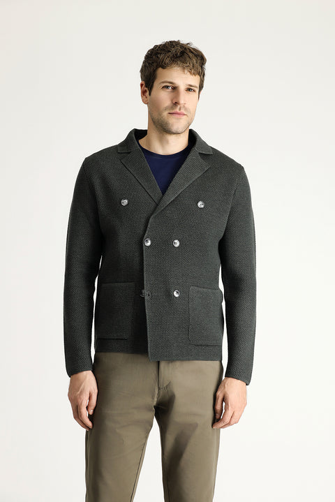 Dark Anthracite Melange Slim Fit Narrow Cut Wrap Cotton Knit Cardigan