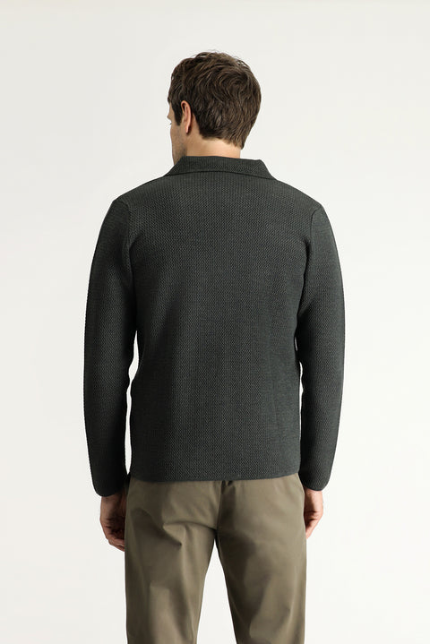 Dark Anthracite Melange Slim Fit Narrow Cut Wrap Cotton Knit Cardigan
