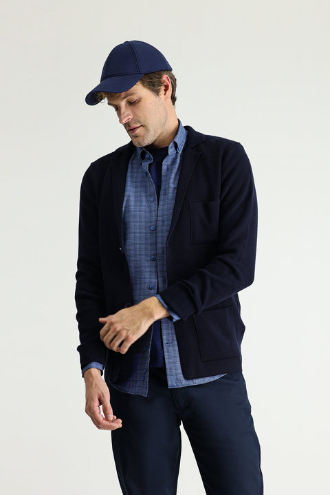 Dark Navy Regular Fit Cotton Knit Cardigan with Pockets and Buttons