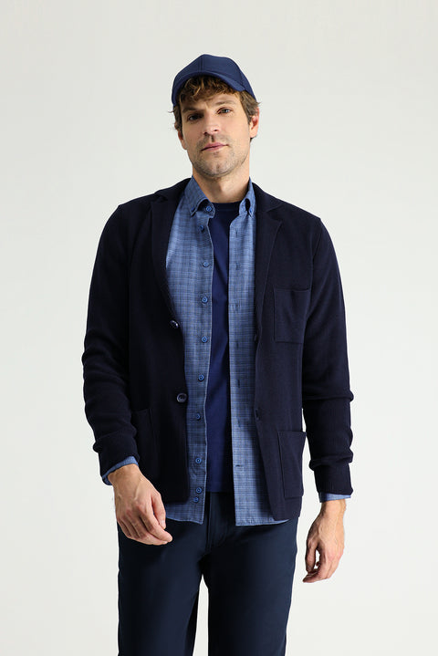 Dark Navy Regular Fit Cotton Knit Cardigan with Pockets and Buttons