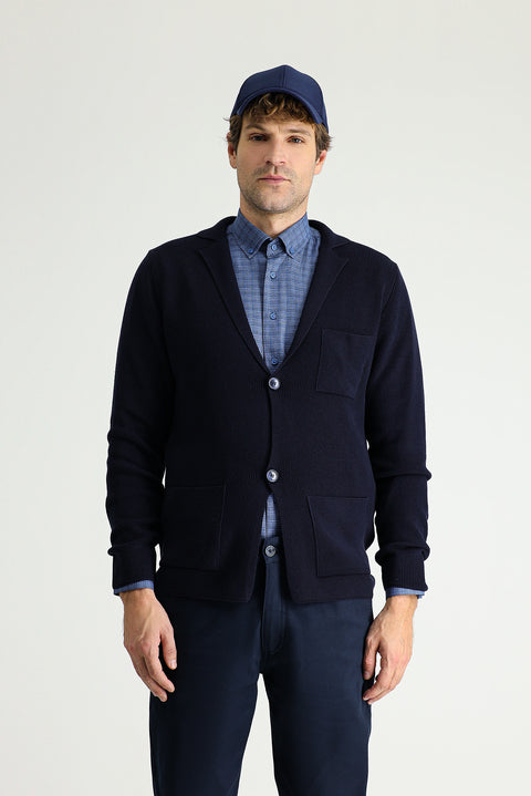Dark Navy Regular Fit Cotton Knit Cardigan with Pockets and Buttons