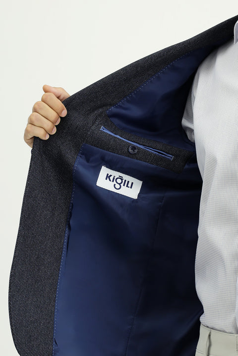 Dark Navy 6 Drop Regular Fit Standard Cut Patterned Lycra Sport Jacket