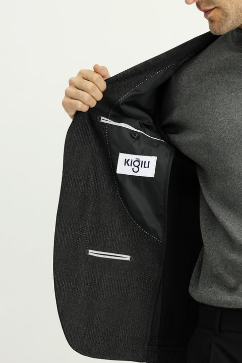 Black 7 Drop Super Slim Fit Extra Narrow Cut Patterned Sport Jacket