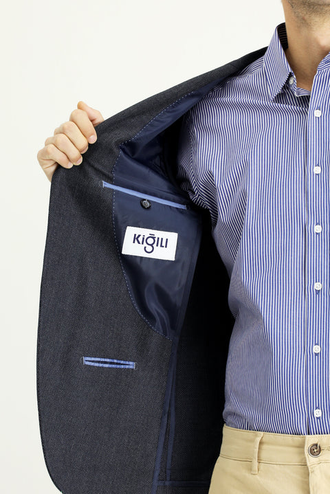 Dark Navy 7 Drop Super Slim Fit Extra Narrow Cut Patterned Sport Jacket