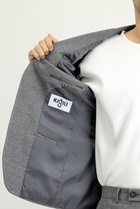 Medium Grey Melange 7 Drop Super Slim Fit Extra Narrow Cut Classic Patterned Cotton Knit Jacket
