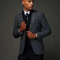 Dark Navy 7 Drop Slim Fit Narrow Cut Wool Herringbone Sport Italian Jacket