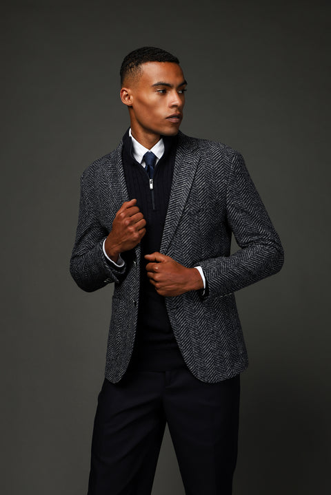 Dark Navy 7 Drop Slim Fit Narrow Cut Wool Herringbone Sport Italian Jacket
