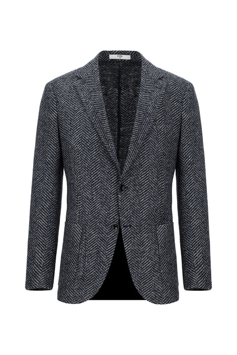 Dark Navy 7 Drop Slim Fit Narrow Cut Wool Herringbone Sport Italian Jacket