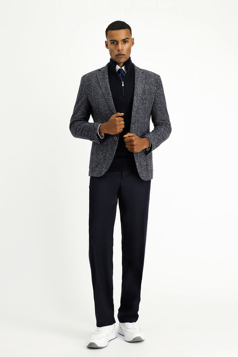 Dark Navy 7 Drop Slim Fit Narrow Cut Wool Herringbone Sport Italian Jacket