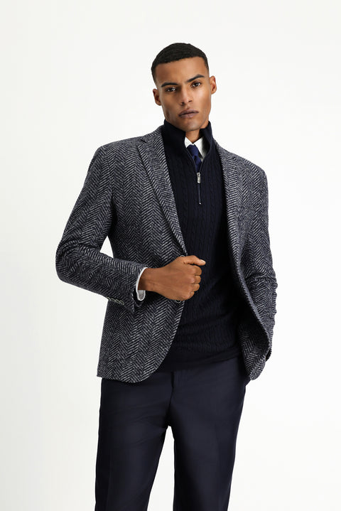Dark Navy 7 Drop Slim Fit Narrow Cut Wool Herringbone Sport Italian Jacket