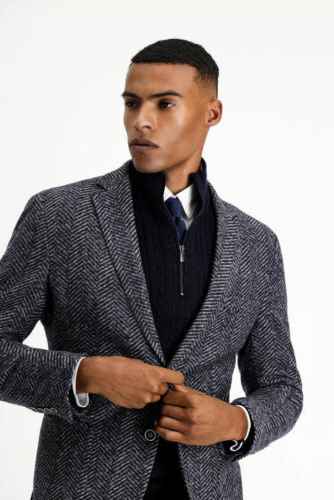 Dark Navy 7 Drop Slim Fit Narrow Cut Wool Herringbone Sport Italian Jacket
