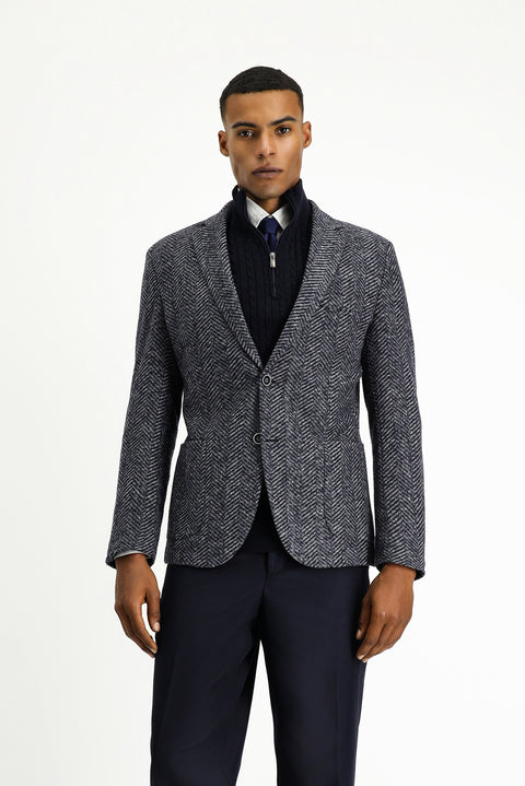 Dark Navy 7 Drop Slim Fit Narrow Cut Wool Herringbone Sport Italian Jacket