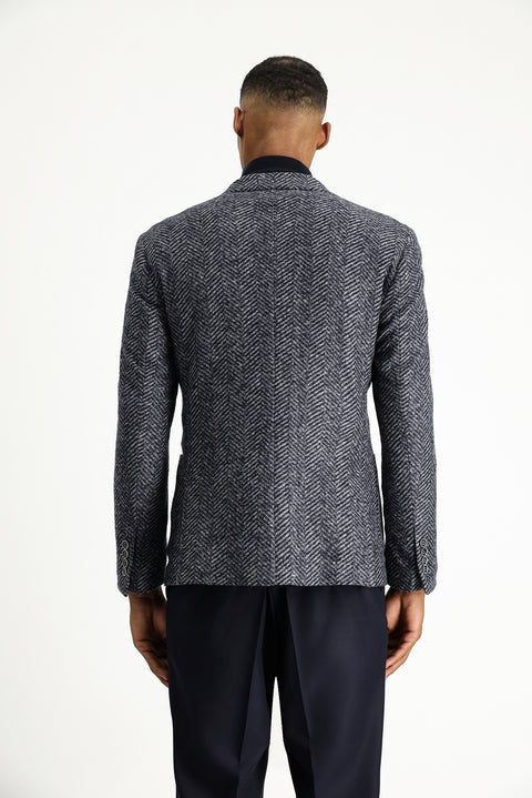 Dark Navy 7 Drop Slim Fit Narrow Cut Wool Herringbone Sport Italian Jacket