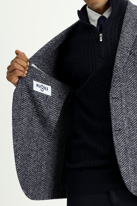 Dark Navy 7 Drop Slim Fit Narrow Cut Wool Herringbone Sport Italian Jacket