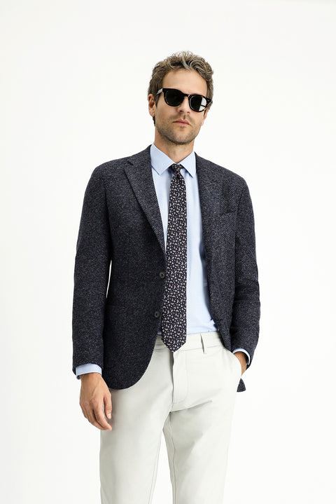 Dark Navy 7 Drop Slim Fit Narrow Cut Wool Striped Sport Italian Jacket